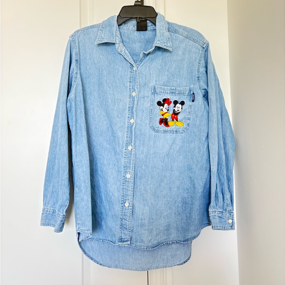 Vintage Disney Light Blue Jean Button-down  Shirt with Mickey and Minnie Mouse
